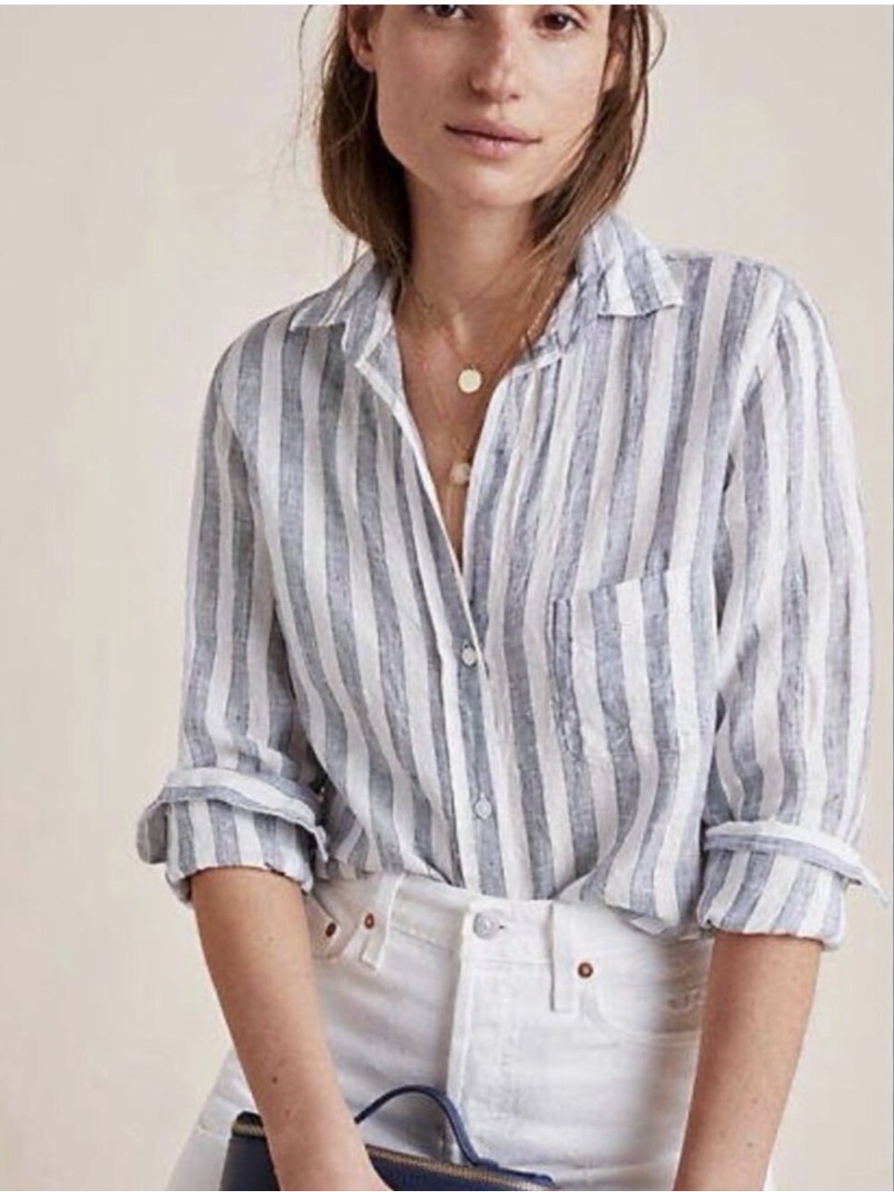 Grayson The Hero Tumbled Linen Striped Button Down Shirt Coastal Blue White